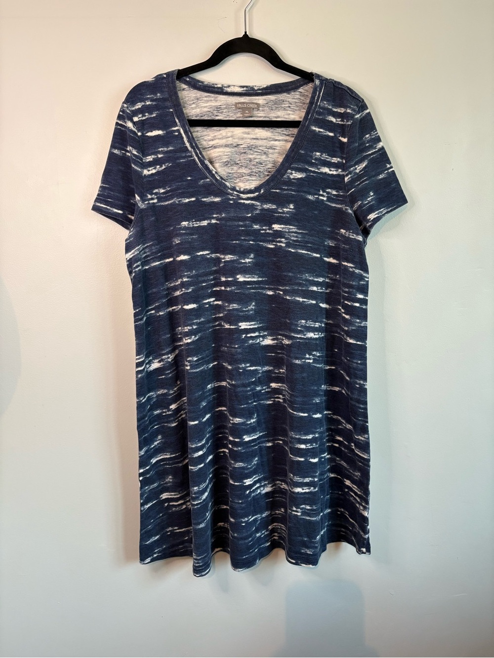 Falls Creek Blue & White V-Neck Short Sleeve Midi Tunic Dress